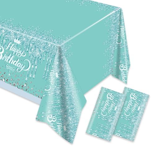 2pcs Teal Silver Glitter Diamond Birthday Tablecloth 70x51 Inches