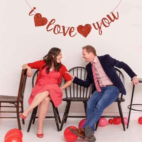 Glitter Red I Love You Banner with Hearts