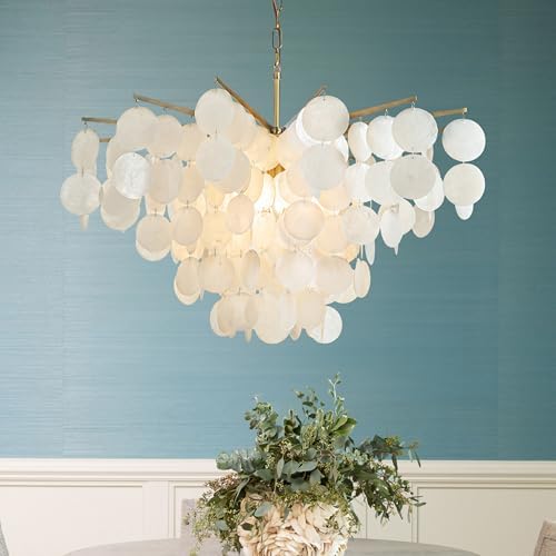 6 Light 30 Inch Coastal Capiz Shells Chandelier with Antique Gold Metal