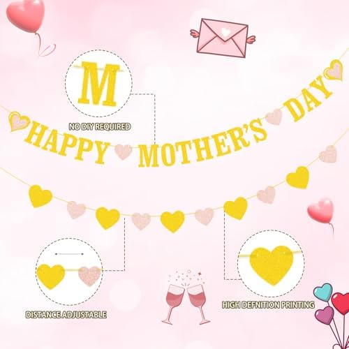 Gold Glitter Happy Mothers Day Banner Hanging Decoration