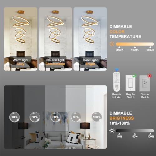 5-Rings Modern LED Chandelier Gold Dimmable with Remote Control