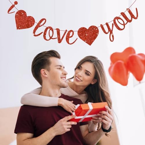 Glitter Red I Love You Banner with Hearts