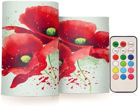 Red Poppies Flameless Candles with Remote Timer Set of 2