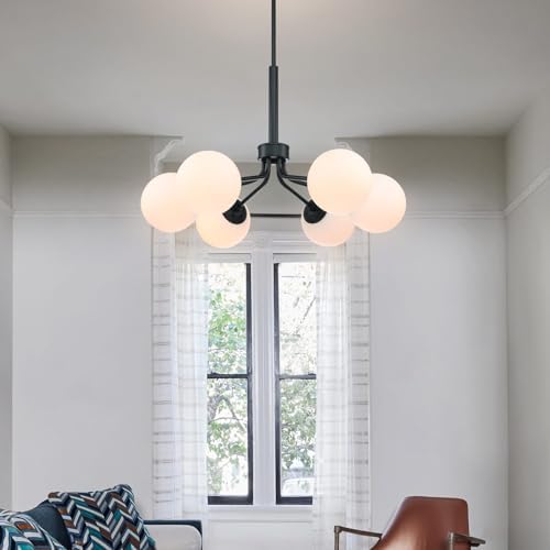 Modern Black Glass Globe Sputnik Chandelier 6 Light