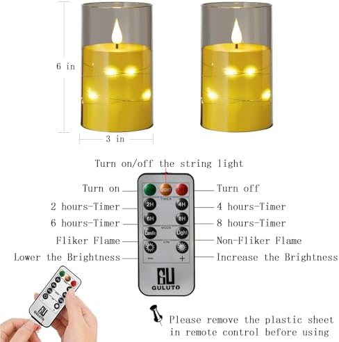 Flameless LED Candles with Star String Set of 2 Remote Controlled Timer 3x6