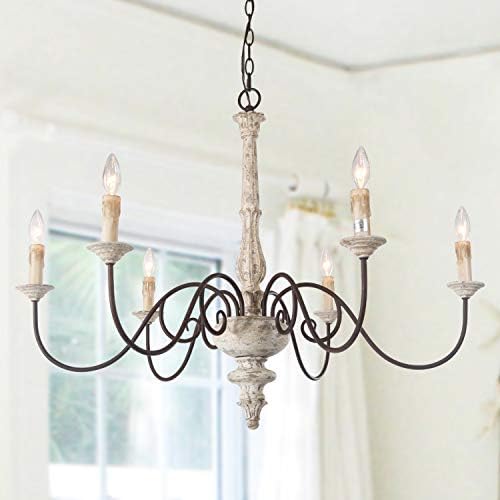 LALUZ Farmhouse Chandelier White Distressed Wood 37 L x 28 H