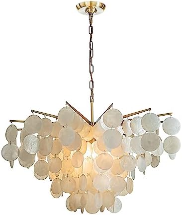 6 Light 30 Inch Coastal Capiz Shells Chandelier with Antique Gold Metal