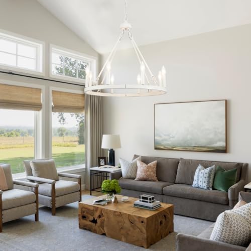 White Wagon Wheel Chandelier 8-Lights Farmhouse Decor