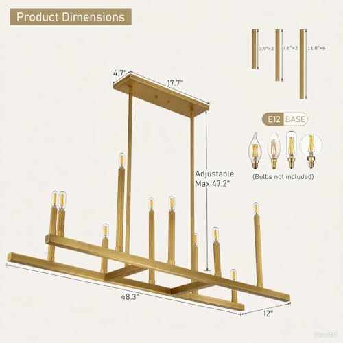 LamQee 48 Inch Gold Rectangular Chandelier with 10 Lights