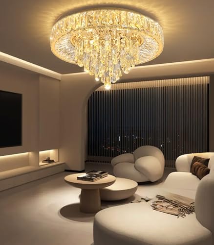 Modern Crystal Chandelier with Dimmable LED Light Remote Control Flush Mount Ceiling Light