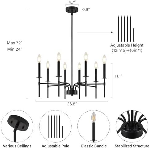 ZUYURT 8 Light Black Chandelier for Modern Farmhouse Dining Room