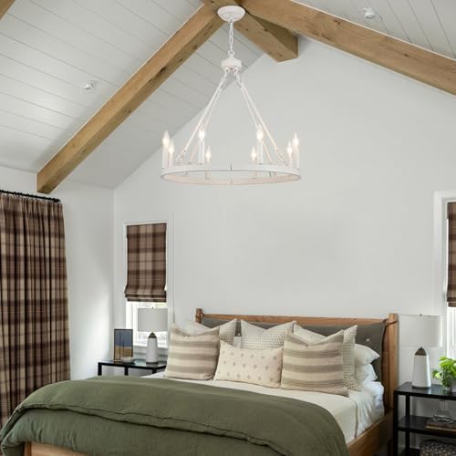 White Wagon Wheel Chandelier 8-Lights Farmhouse Decor