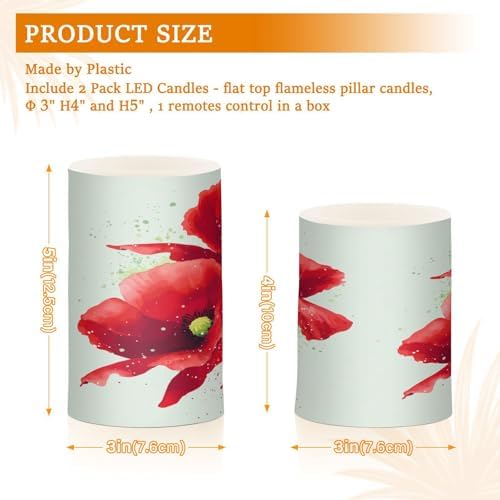 Red Poppies Flameless Candles with Remote Timer Set of 2