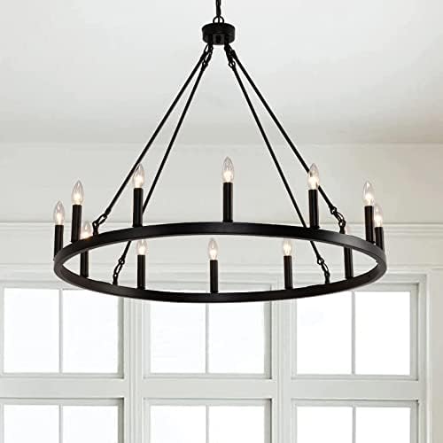 12 Light Wagon Wheel Chandelier Black Rustic Pendant