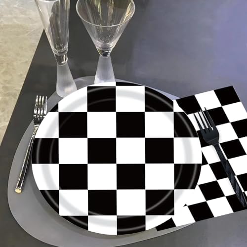 72PCS Black and White Checkered Birthday Plates Set for Kids Racing Party