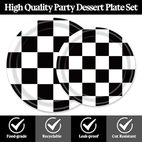 72PCS Black and White Checkered Birthday Plates Set for Kids Racing Party