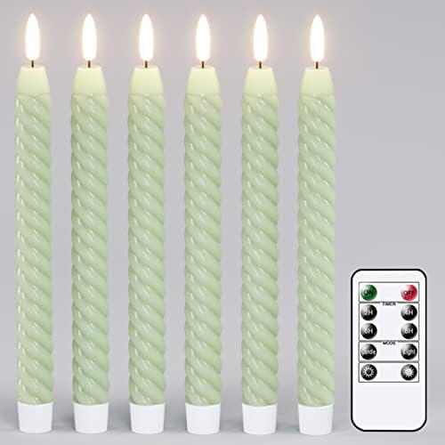 Flameless Taper Candles Green Pastel 3D Wick LED 6 Pack