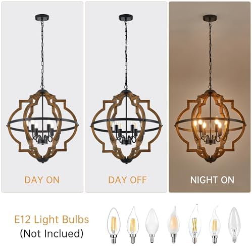 6-Light Farmhouse Wood Pendant Light with Adjustable Height