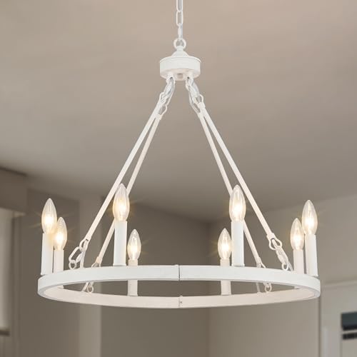 White Wagon Wheel Chandelier 8-Lights Farmhouse Decor