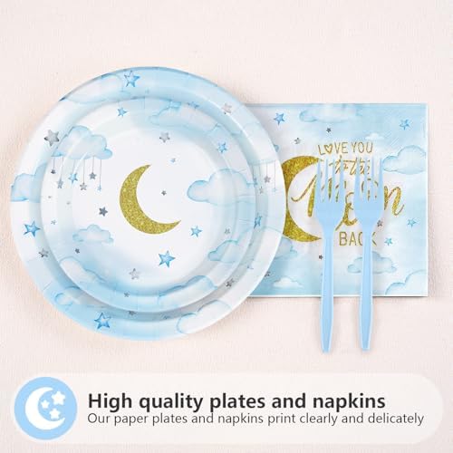 Grencian 96 Pcs Pastel Blue Moon Baby Shower Plates Set