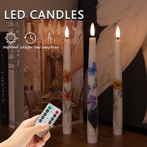 AFINETH Spring Flameless Taper Candles with Flowers 3 Pack LED Candles with Remote