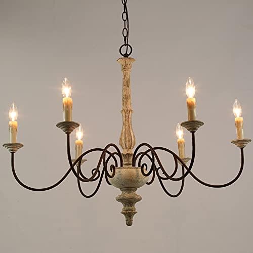 LALUZ Farmhouse Chandelier White Distressed Wood 37 L x 28 H