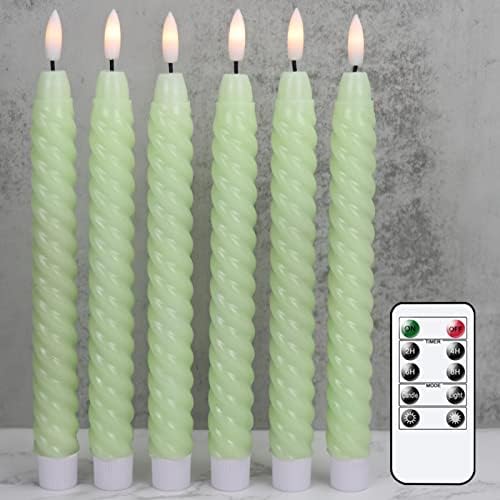 Flameless Taper Candles Green Pastel 3D Wick LED 6 Pack