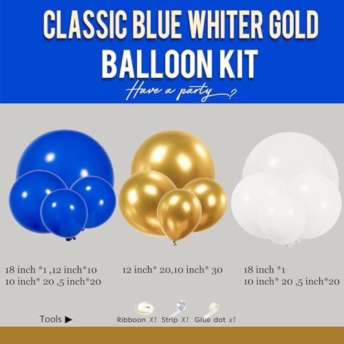 Royal Blue and White Gold Balloon Arch Kit 142Pcs