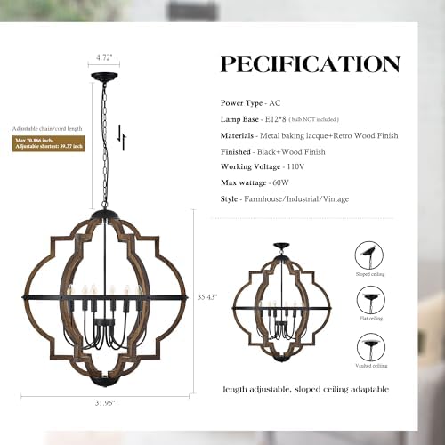 8-Light Farmhouse Wood Pendant Light with Adjustable Height