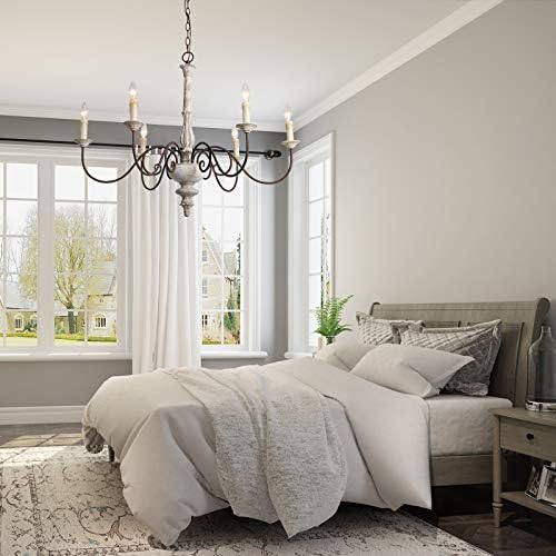 LALUZ Farmhouse Chandelier White Distressed Wood 37 L x 28 H