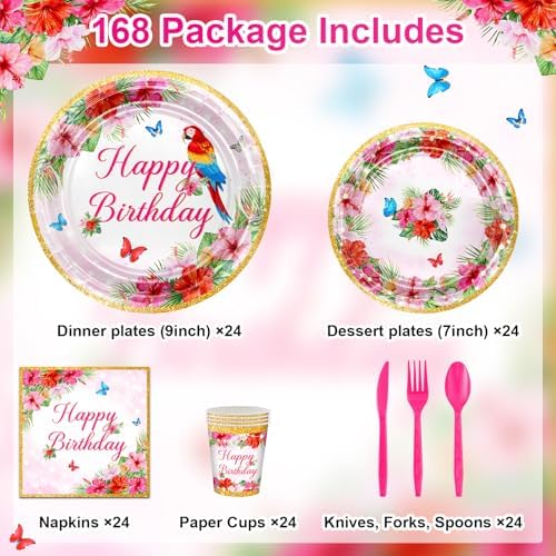 Avezano 168 pcs Tropical Birthday Plates and Napkins Set