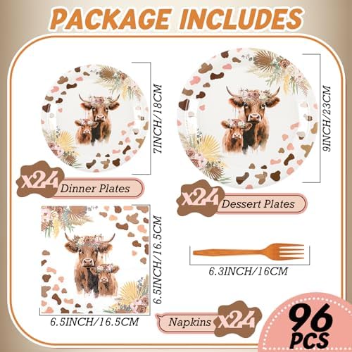 Sunnyray 96 Pcs Highland Cow Party Tableware Set