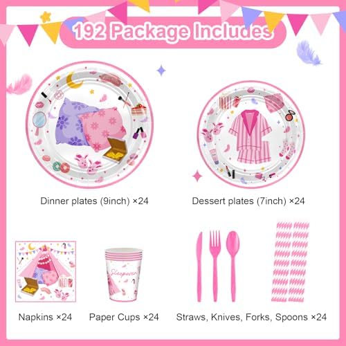 Avezano 192 Pcs Pink Sleepover Party Plates Napkins Set for 24 Guests