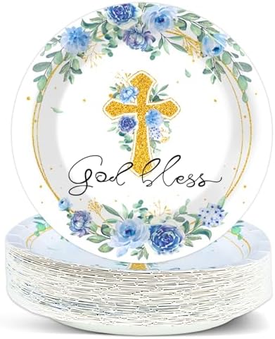 48PCS God Bless Baptism Party Blue Floral Plates