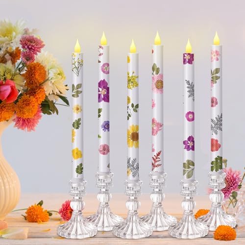 Nuanchu 6 Pcs Pastel Flameless Taper Candles with Dried Flowers