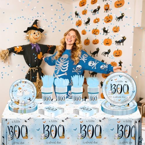 Halloween Little Boo Baby Shower Decorations Blue Tableware Set 169Pcs
