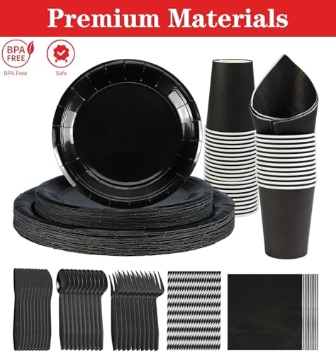 NASUN 192 Piece Solid Black Party Tableware Set