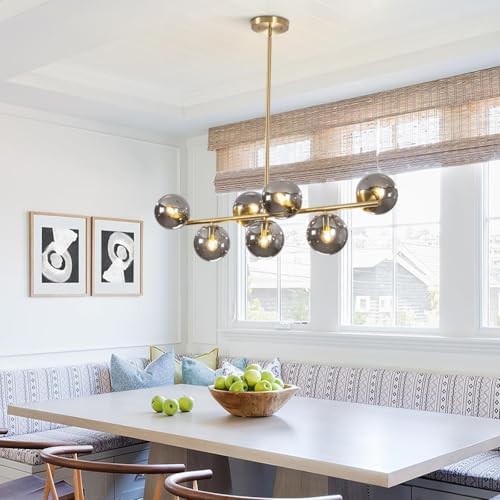 Mid Century Modern 7-Light Brass Chandelier with Globe Shades