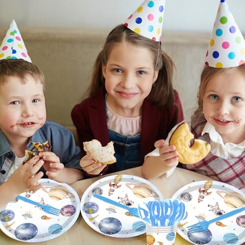 142PCS Space Themed Paper Plates Party Supplies Set for Birthday Celebrations
