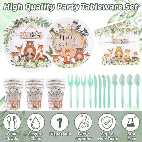 142PCS Woodland Baby Shower Tableware Set for 20 Guests