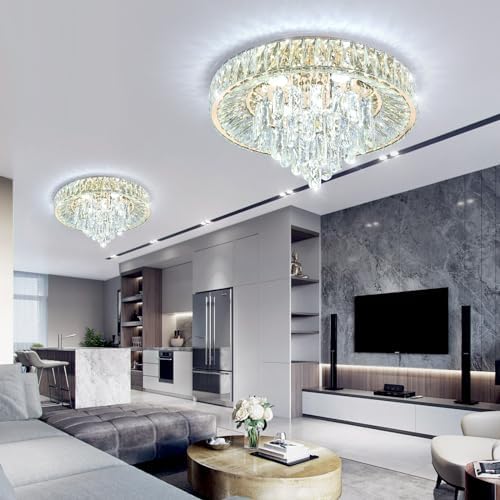 Modern Crystal Chandelier with Dimmable LED Light Remote Control Flush Mount Ceiling Light