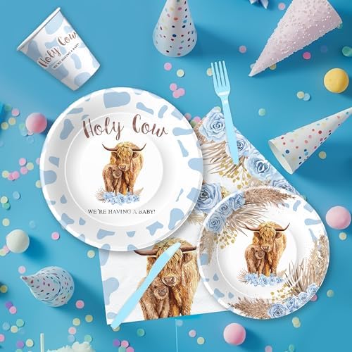 Highland Cow Baby Shower Tableware Set 24pcs Blue Boho Style