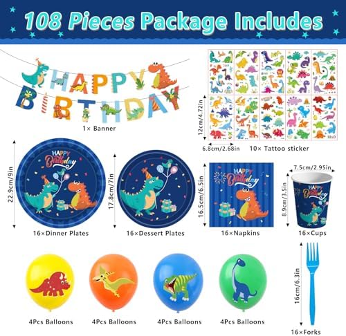 108PCS Dino Party Supplies Set for 16 Guests