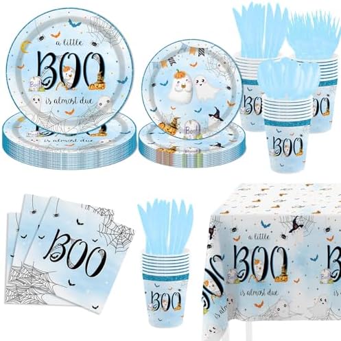 Halloween Little Boo Baby Shower Decorations Blue Tableware Set 169Pcs