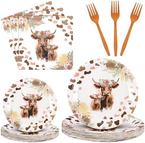 Sunnyray 96 Pcs Highland Cow Party Tableware Set