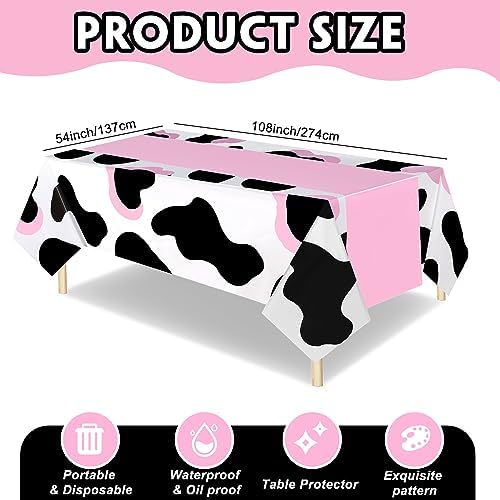 Preboun 3 Pcs Pink Cow Tablecloth Set