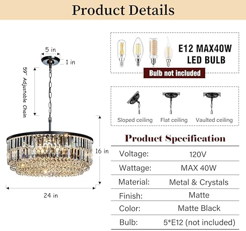 5 Lights 24 Inch Modern Glam Chandelier in Matte Black Round Teardrop Crystal
