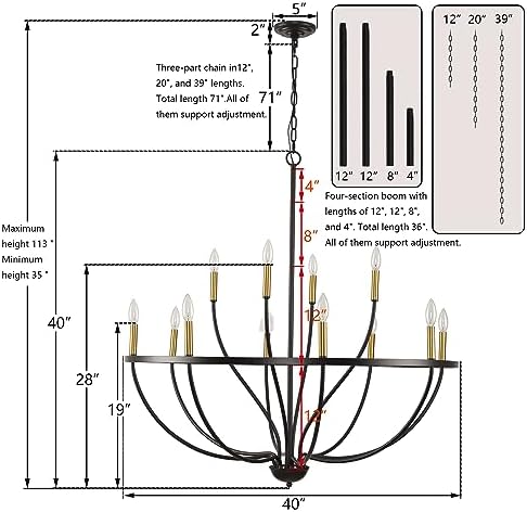 Modern Farmhouse Chandelier 12 Lights Black Gold Dining Room Ceiling Light