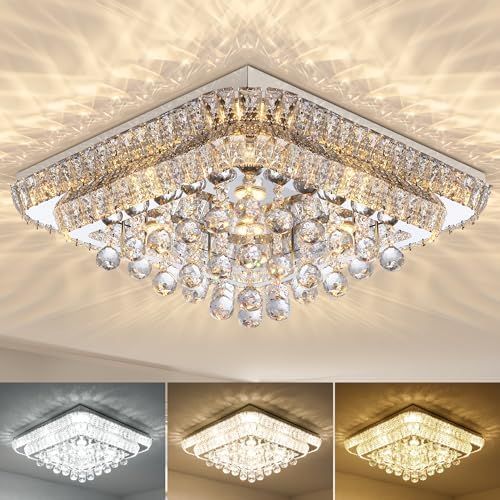 24 Inch Crystal Flush Mount Ceiling Light with Remote Control