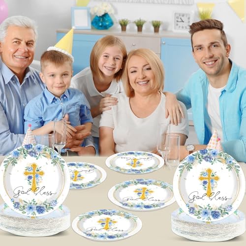 48PCS God Bless Baptism Party Blue Floral Plates